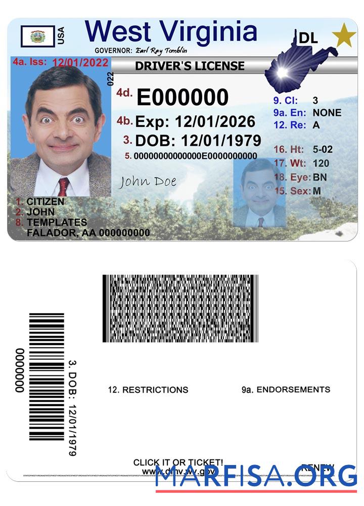 Printable USA West Virgina driving license example